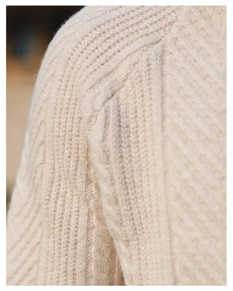Men's thickened warm base sweater with stand collar and lapel in apricot colour