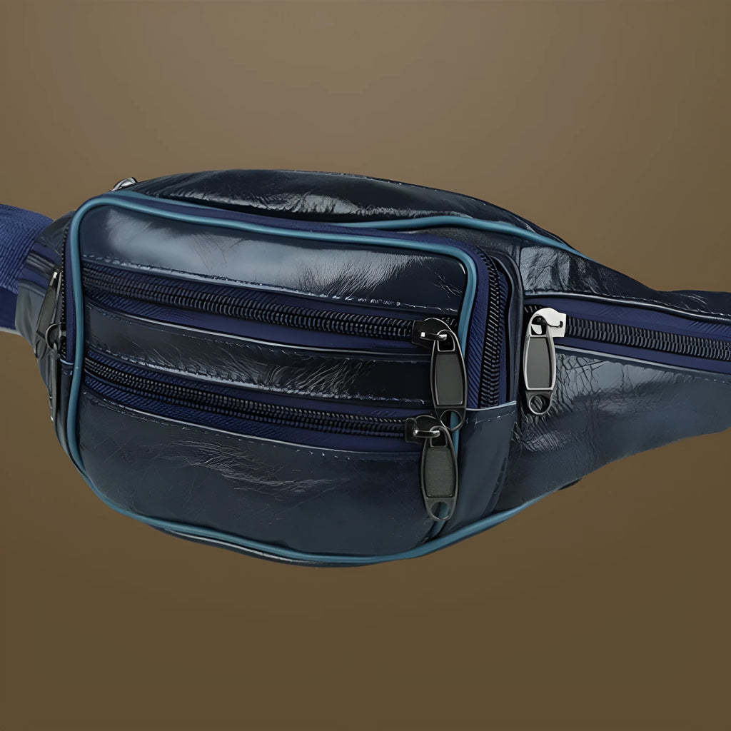 Men's waterproof PU leather waist bag in khaki, compact size for outdoor sports