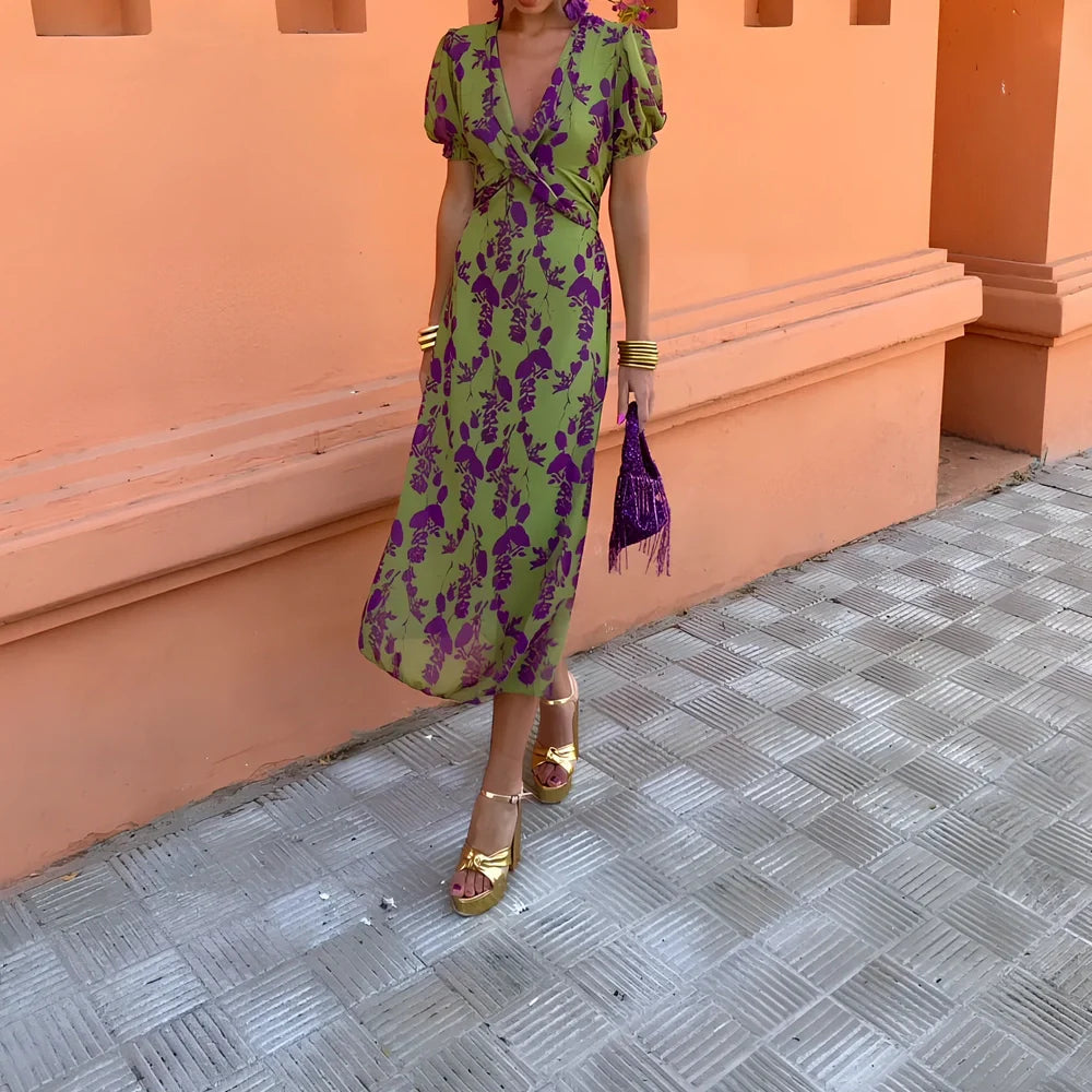 Green floral print V-neck short-sleeved polyester dress, mid-length one-step skirt, sizes S-3XL for women