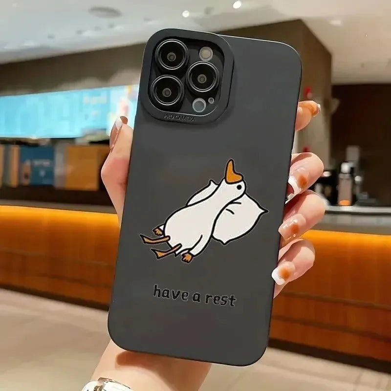 Creative cute cartoon duck silicone TPU phone case for Apple iPhone, black, white, blue, shockproof and anti-fingerprint