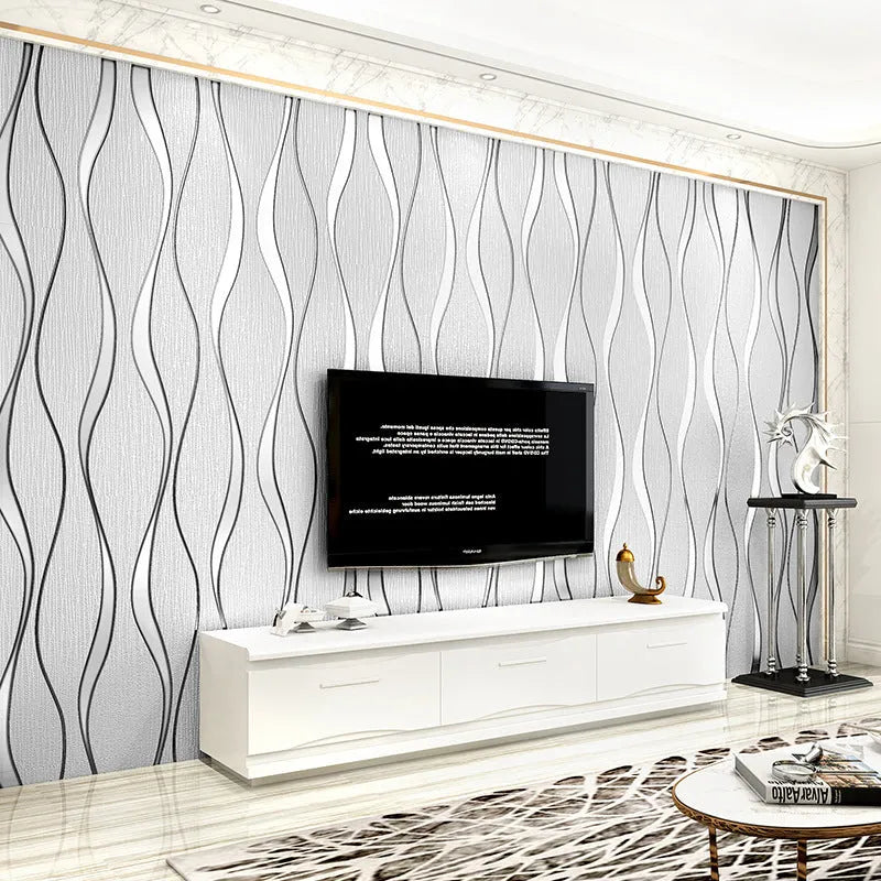 Close-up of light grey 3D Curve Stripe pattern on thick velvet wallpaper texture.