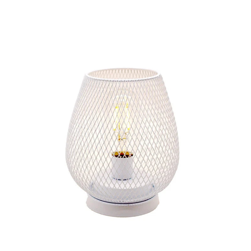 Retro iron art table lamp with hollowed out birdcage design in black and white options