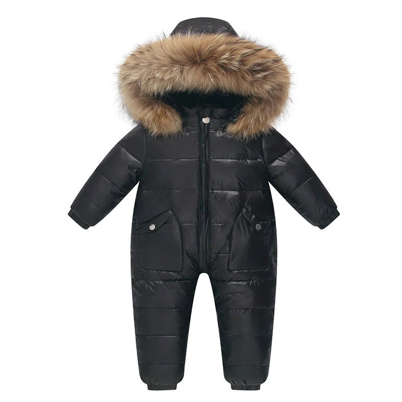 Baby wearing white duck down jacket with hood in yellow colour, suitable for 90-120cm heights