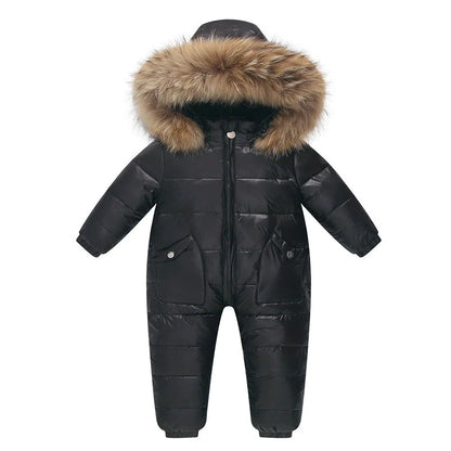 Baby wearing white duck down jacket with hood in yellow colour, suitable for 90-120cm heights