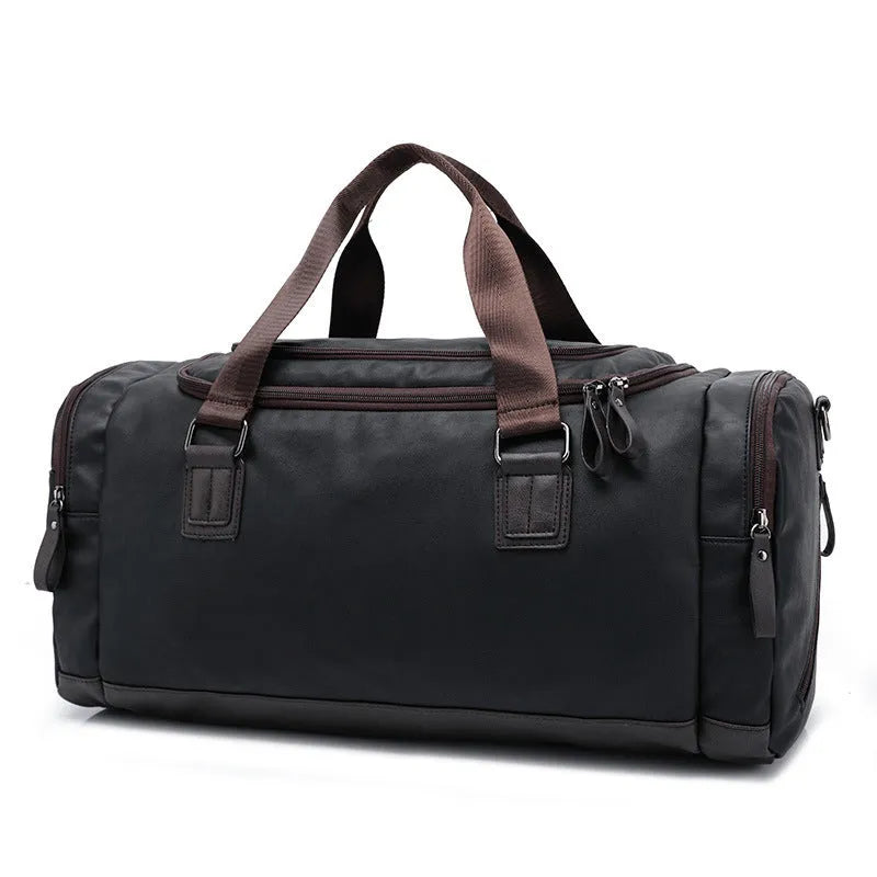 Men's fitness large capacity gymnastic valise in breathable PU leather, solid colour, black option