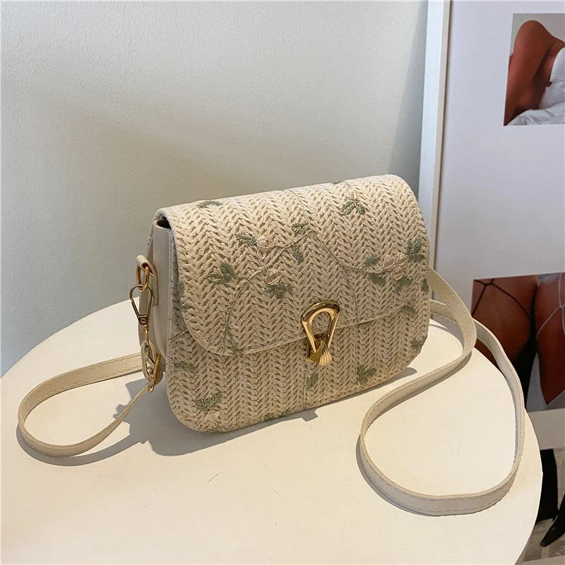 Summer straw woven bag with floral pattern in white and khaki options