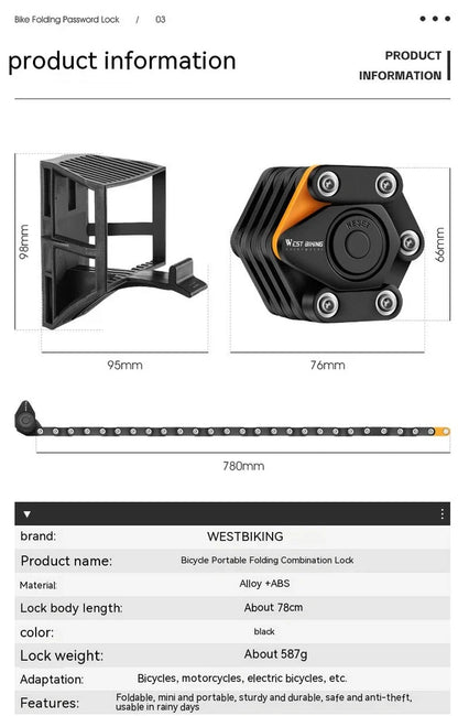 Black bicycle combination lock with flip-action mechanism and 4-digit dials for key-free security