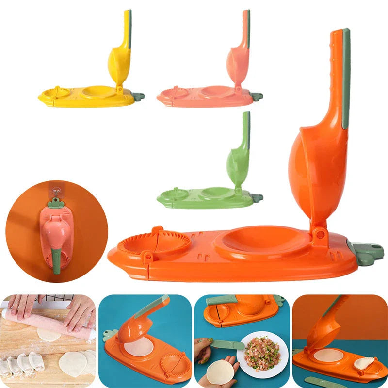 A versatile 2-in-1 kitchen tool for easily pressing dough and forming perfect dumplings, made of durable, food-grade plastic with an ergonomic handle and hanging hole for convenient storage.