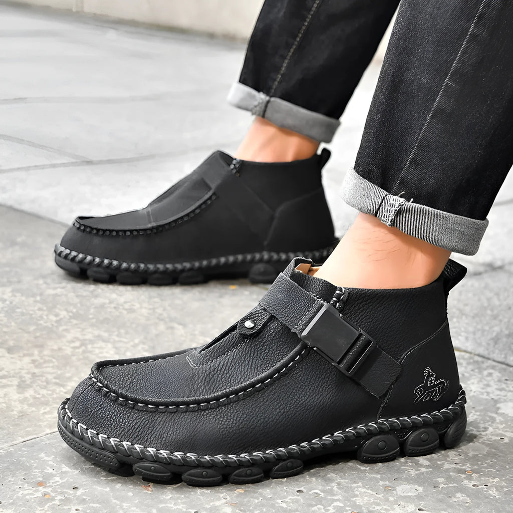 Handmade casual slip-on shoes in synthetic leather with flat bottom and sewing sole construction