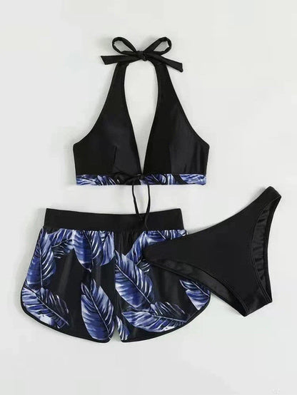 Chic leaf-patterned women's swimsuit set with bikini top, bottoms, and matching shorts in various vibrant colors