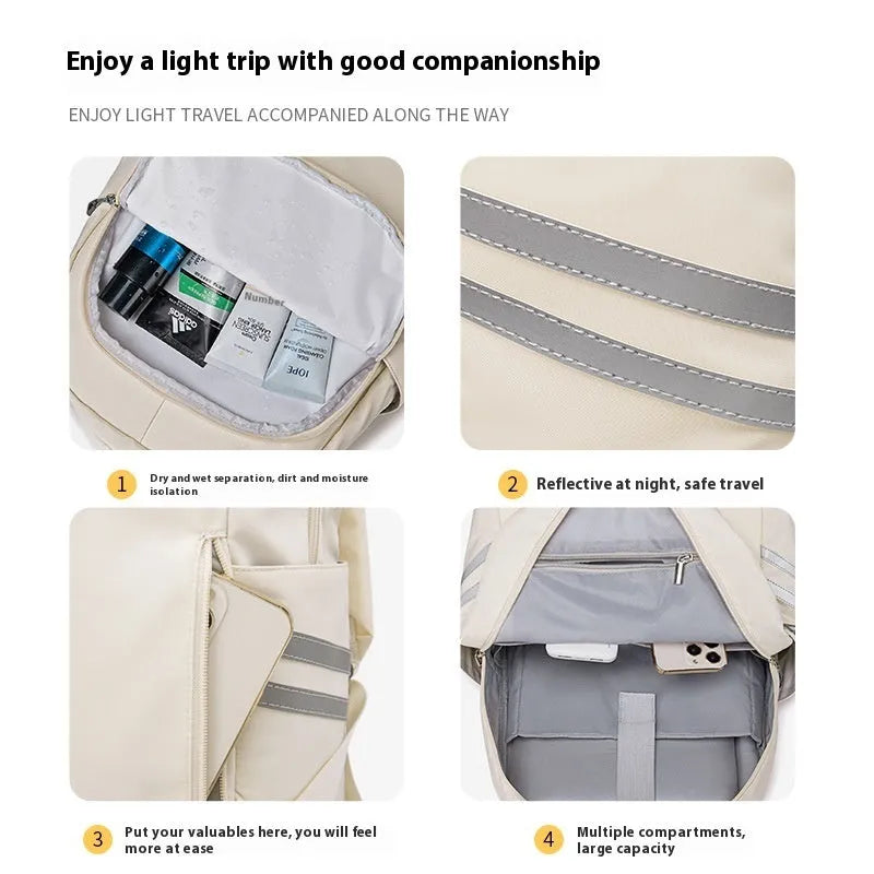 Women's dry wet separation travel backpack in beige with curved shoulder straps showing compartment organisation