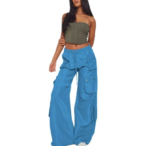 Retro casual pocket horn overalls in various colours, showcasing elastic waist and pocket details.