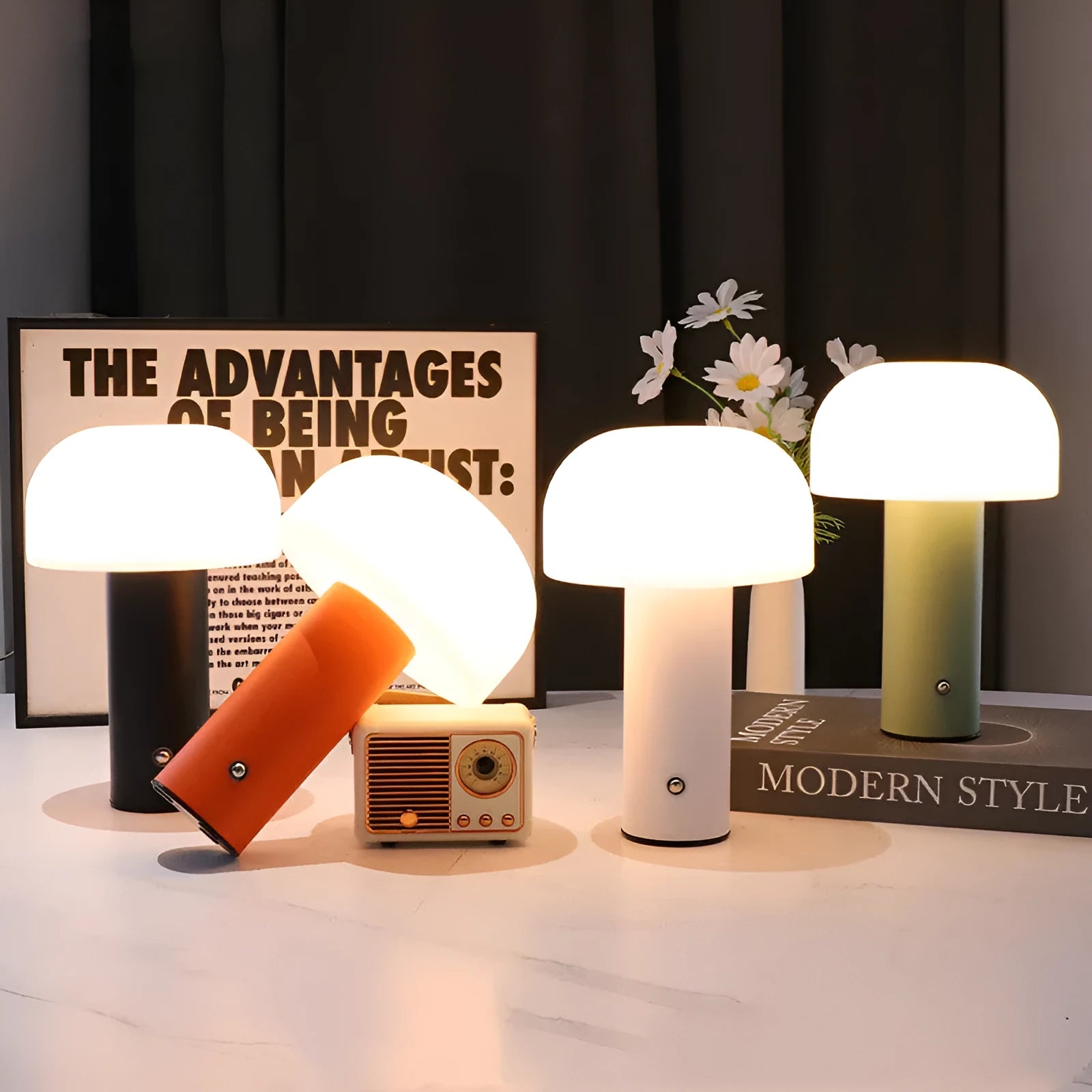 USB-powered table lamp with charging port in black, green, orange, or white colour options.
