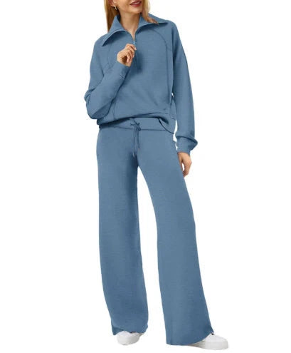 Women's leisure sports suit with long-sleeve zipper sweatshirt and wide leg pants in various colours