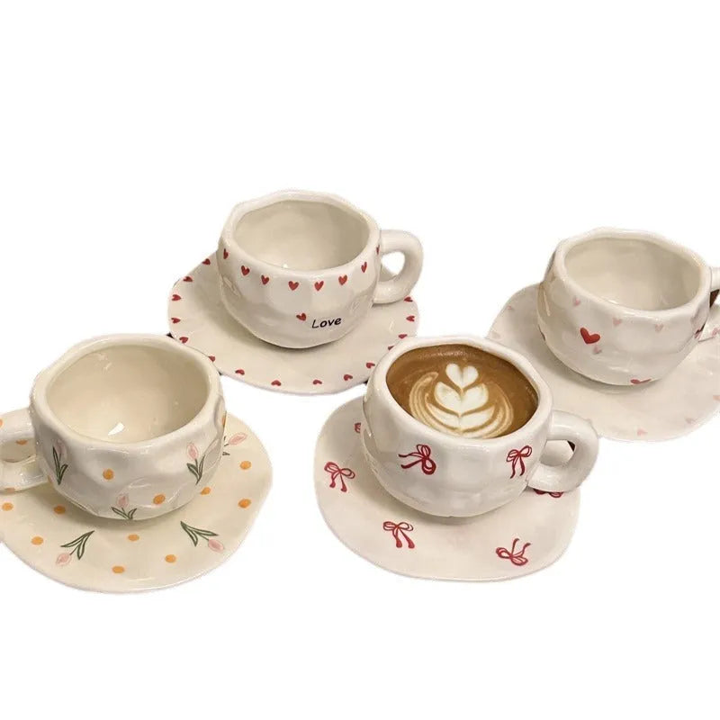 Korean ins style hand-painted ceramic cup and saucer set with red edge love cup floral pattern on saucer