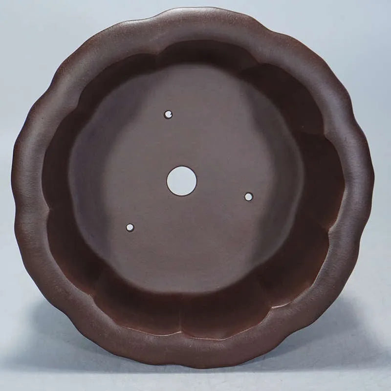 Square purple sand ceramic bonsai planter in antique Chinese petal basin style.