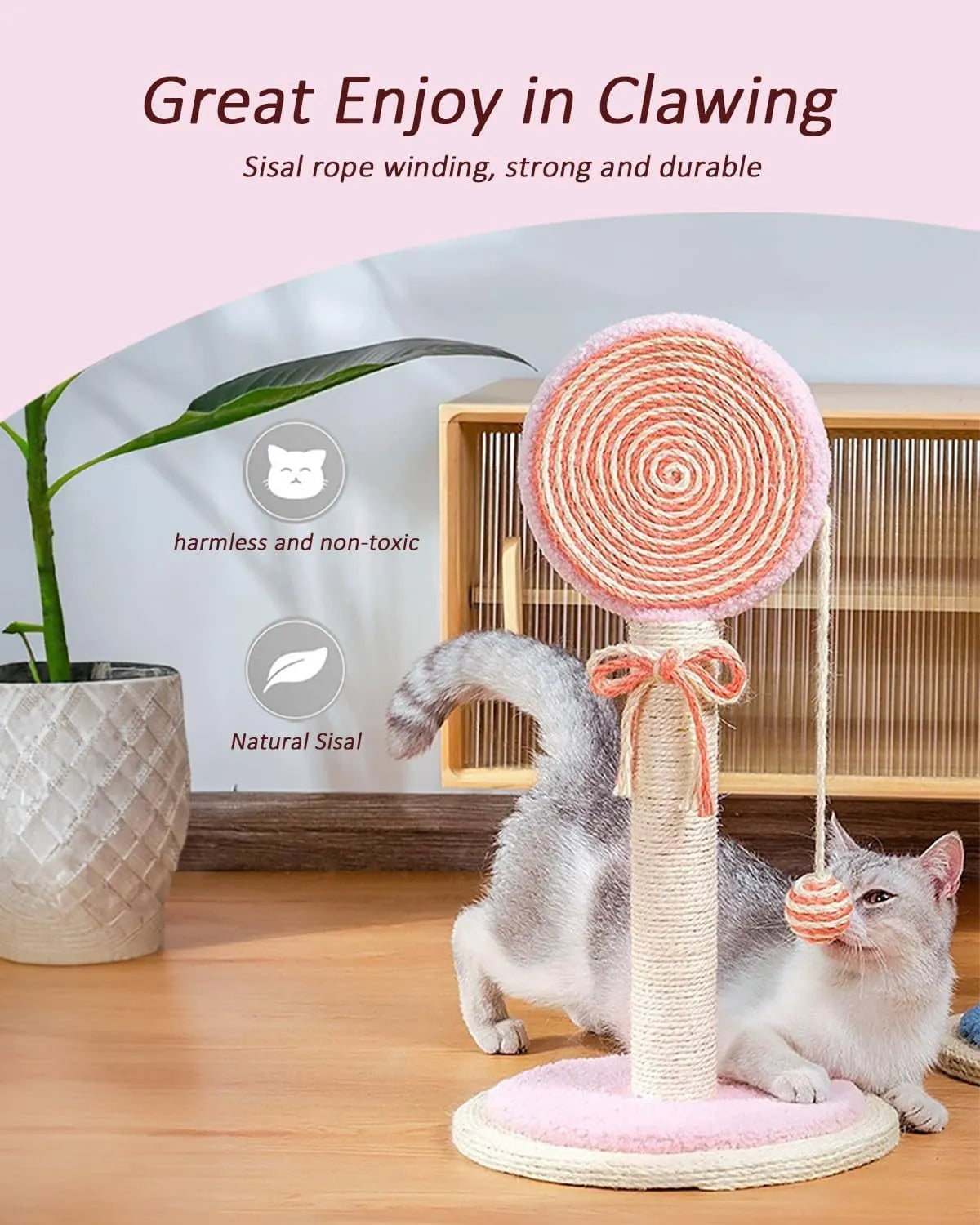 Blue cat scratching post with sisal rope and a hanging yellow ball on a sturdy square base.