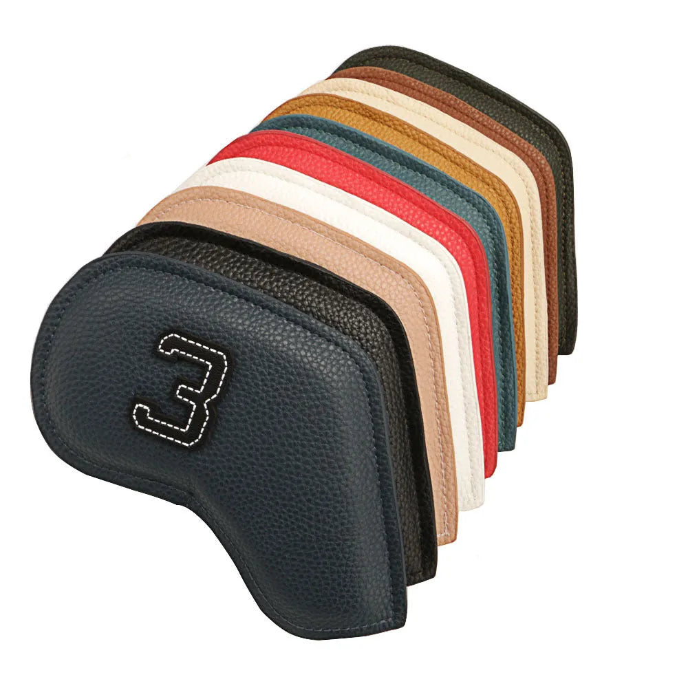 Set of 10 colourful digitally printed PU golf club headcovers for drivers, woods, and irons.