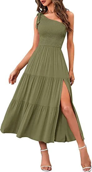One-shoulder pleated dress with leg-revealing side slits in various colors