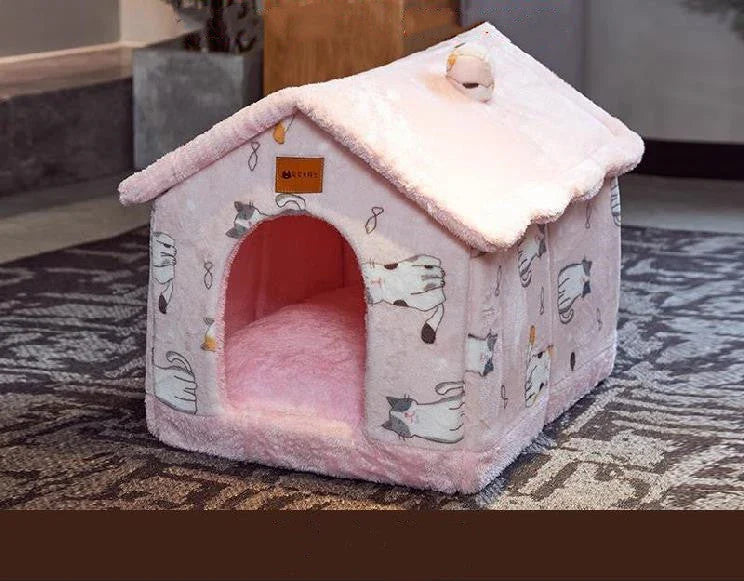 Cozy Pet Cave: Foldable plush dog house with warm removable cushion in various color options