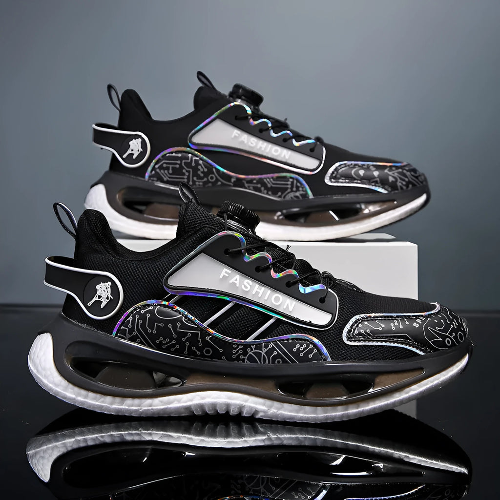 Men's low-top black mesh sports shoes with elastic band closure and a textured non-slip sole.
