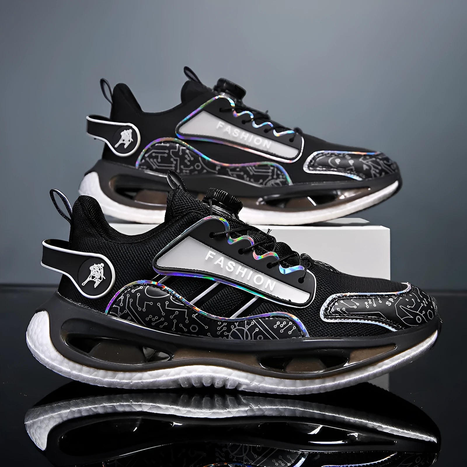 Men's low-top black mesh sports shoes with elastic band closure and a textured non-slip sole.