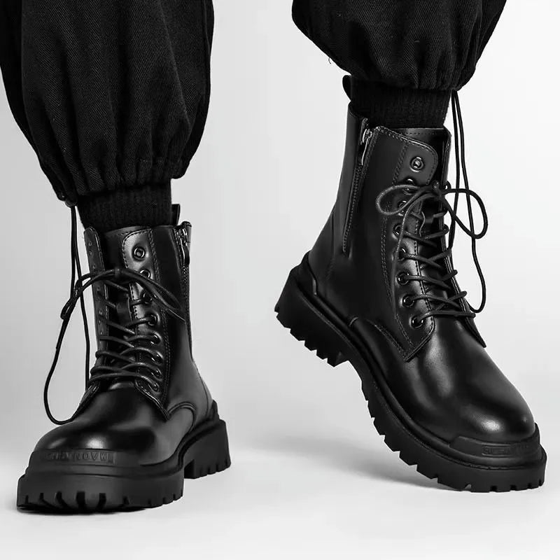 Men's black mid-top Martin boots with a flat rubber sole and leather-style upper