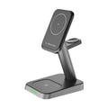 Black minimalist vertical wireless charger with integrated power bank and watch charging dock