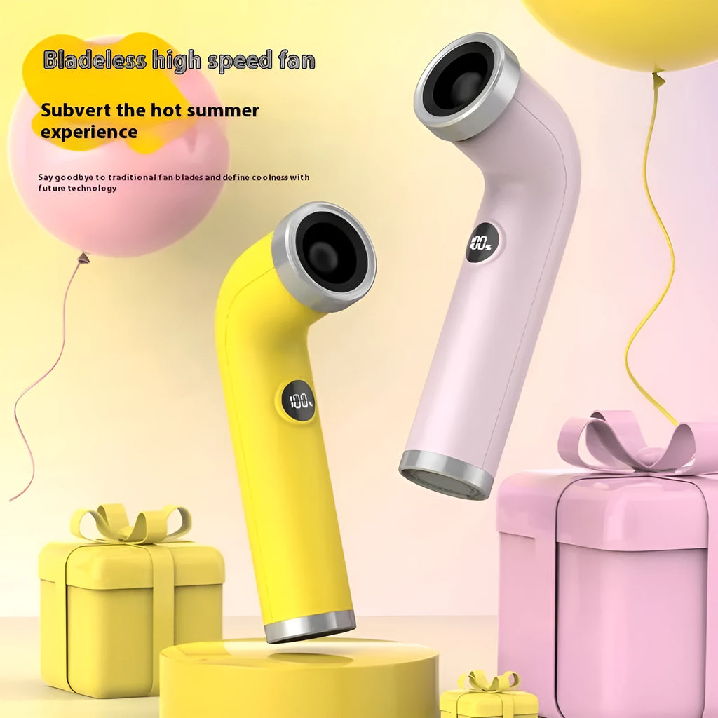 Creative apricot-coloured bladeless portable fan with a turbine design.