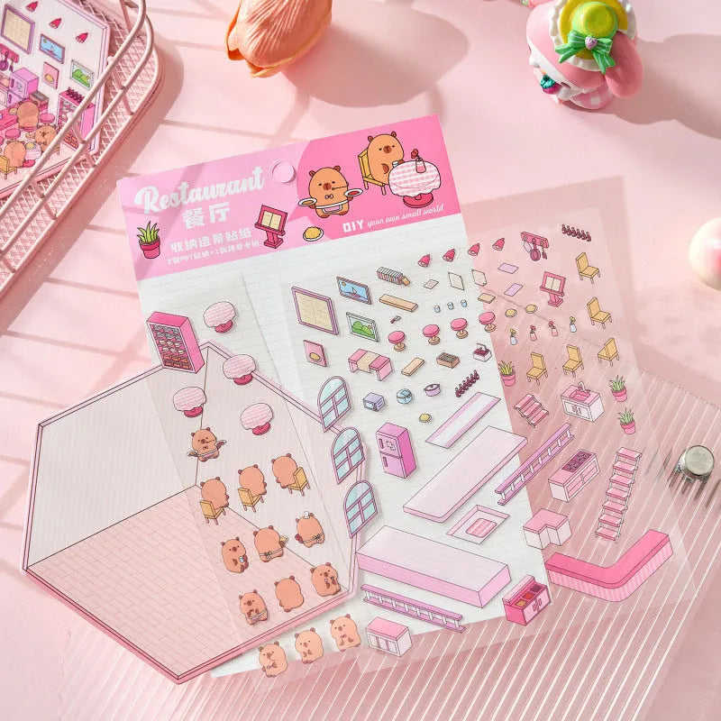 Set of eight Capabala 3D cartoon shop stickers including bakery, flower shop, and bookstore designs.