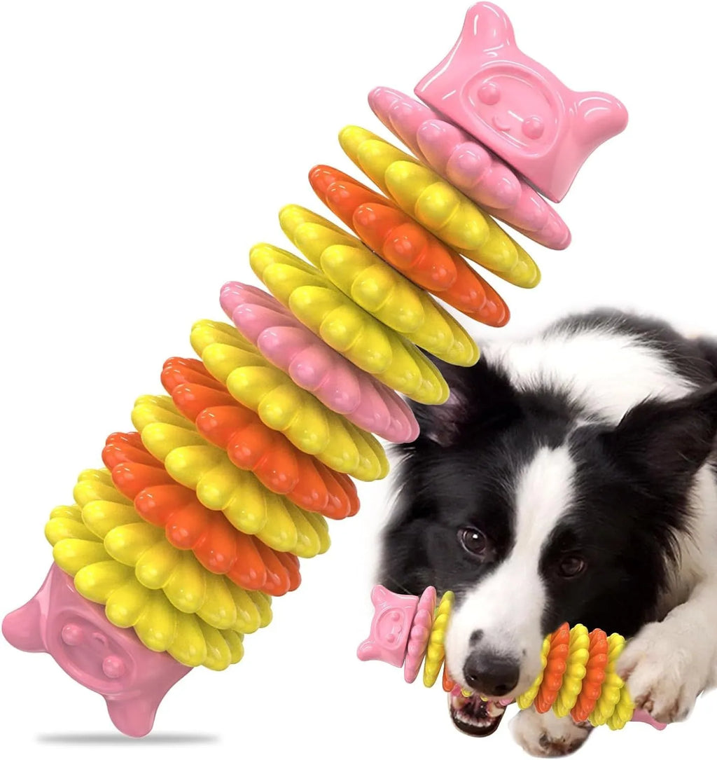 Blue caterpillar-shaped rubber dog chew toy for aggressive chewers.