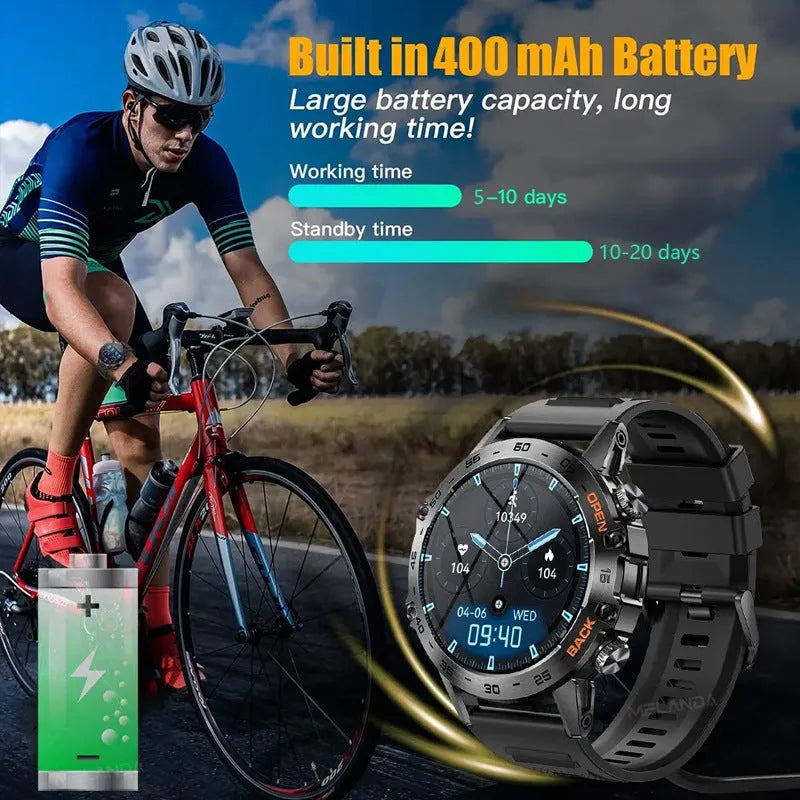 Bluetooth calling smart watch with IPS touch screen on a black silicone strap.