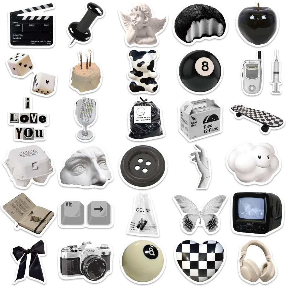 61 black and white waterproof PVC vinyl stickers for laptop and drink bottle personalisation.
