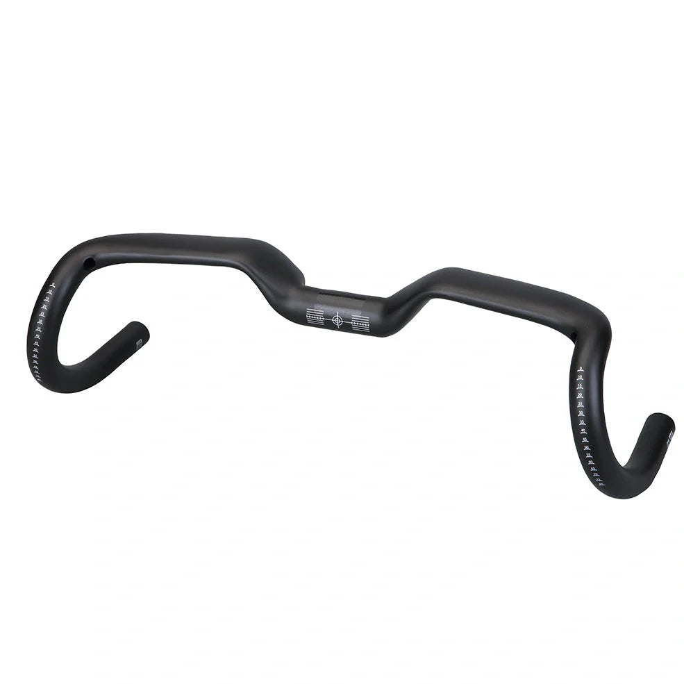 Black carbon fibre bicycle handlebar with bent design showing 125mm vertical rise measurement