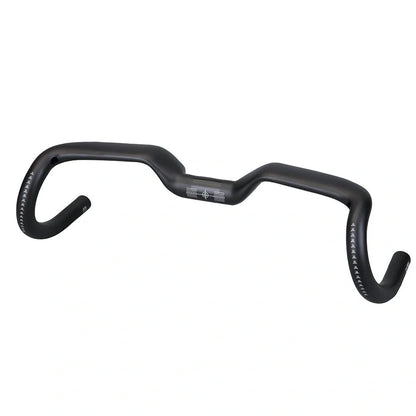 Black carbon fibre bicycle handlebar with bent design showing 125mm vertical rise measurement