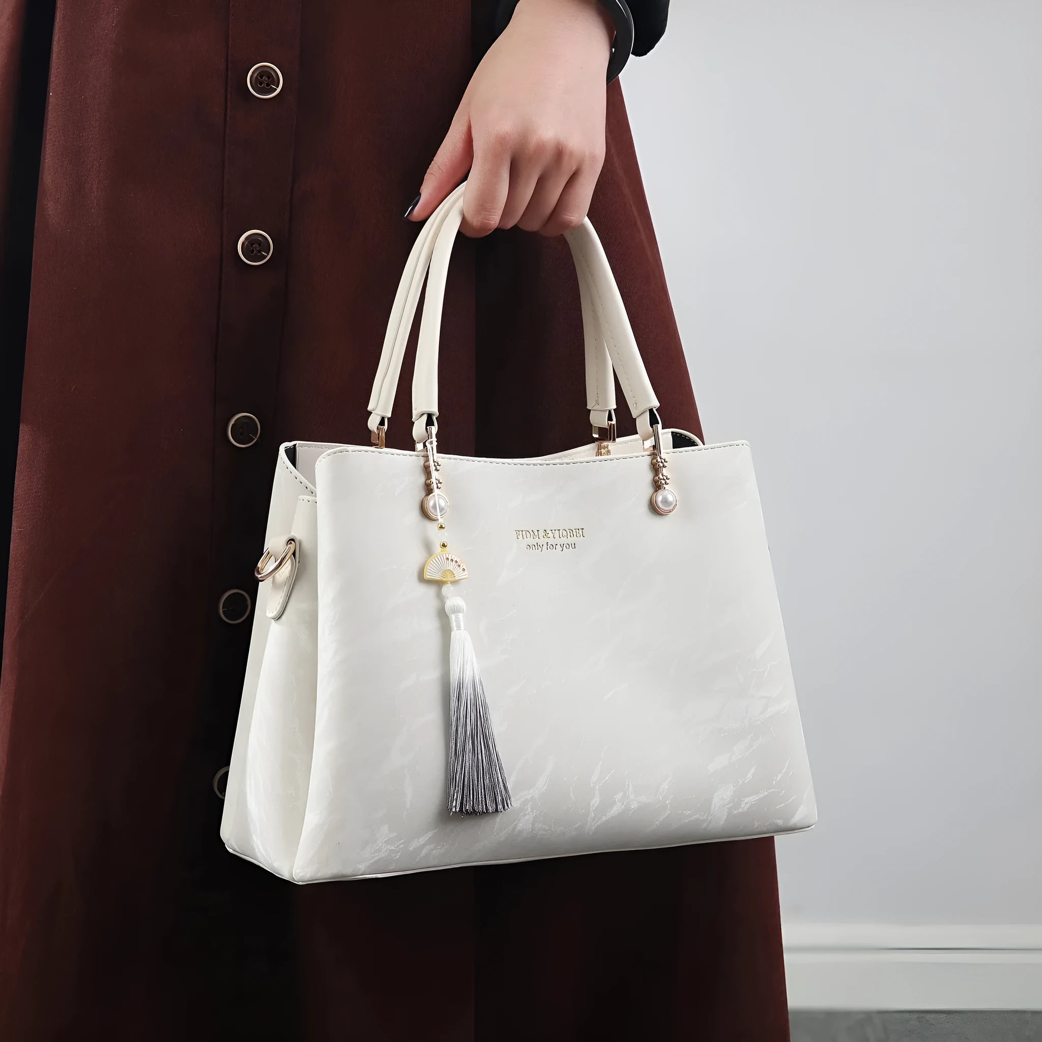 Women's PU leather shoulder bag with square shape and ethnic pattern in four colours