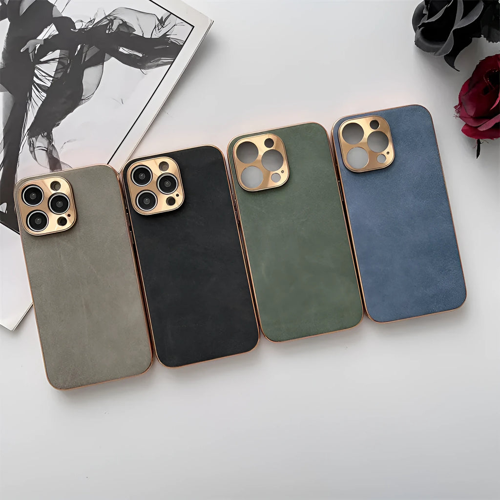 Electroplated sheepskin phone case with metal lens protector for iPhone in black