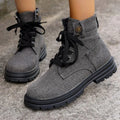 Women's lace-up denim ankle boots with platform thick heel, round toe, in grey colour