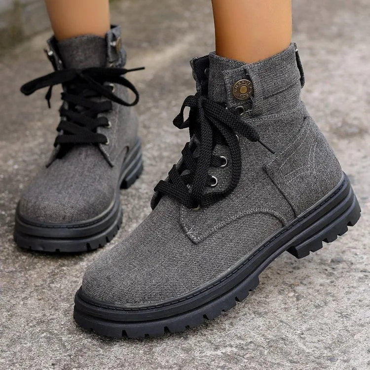 Women's lace-up denim ankle boots with platform thick heel, round toe, in grey colour