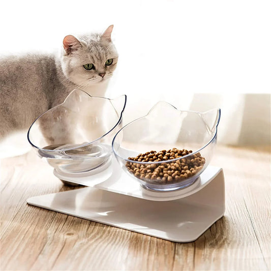 Elevated pet bowls with 15-degree tilted design to support pet's neck and reduce strain