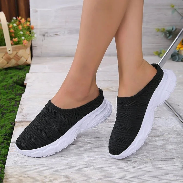 Women's casual mesh wedge heel slippers in gray, round toe, slip-on style with rubber sole