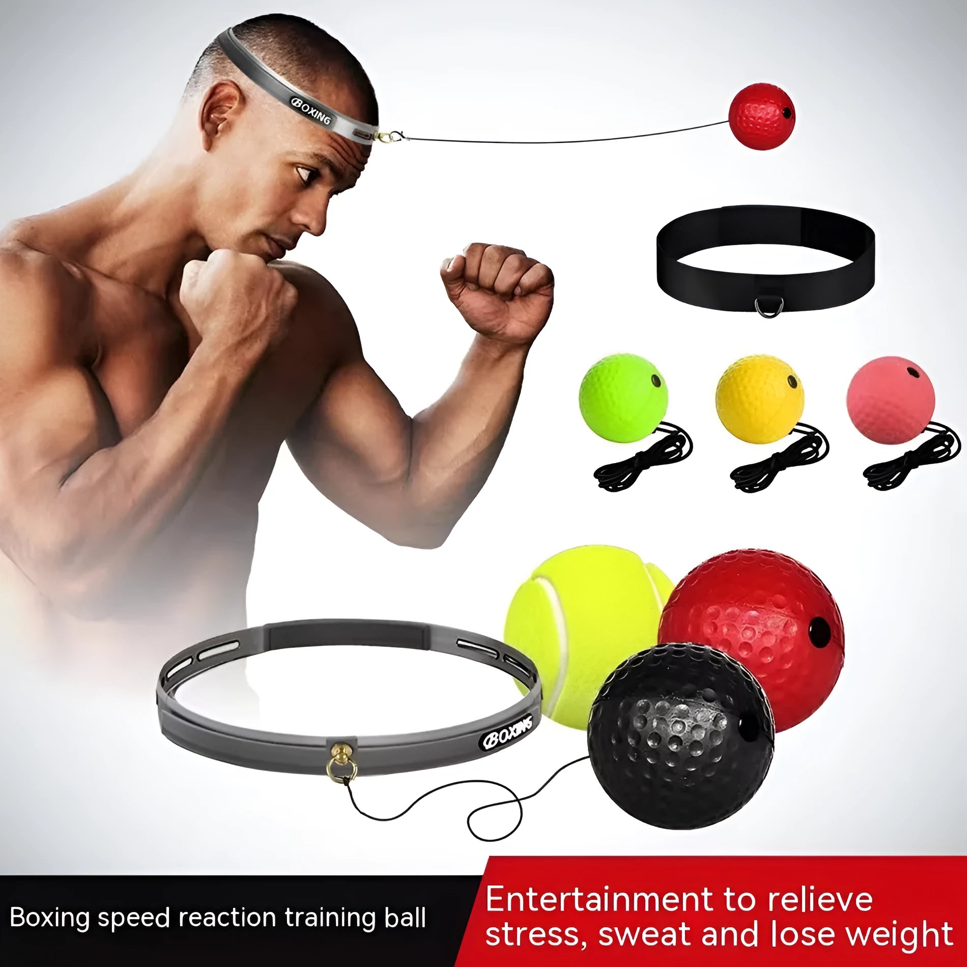 Head-mounted boxing reaction training ball set showing multiple coloured balls and two styles of adjustable headband.