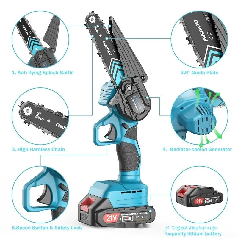 Small handheld electric chainsaw with 6-inch chain, batteries, safety goggles, gloves, and storage box