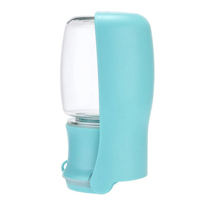 Foldable dog water bottle in blue, white, and pink, showing collapsible design and water dispensing feature