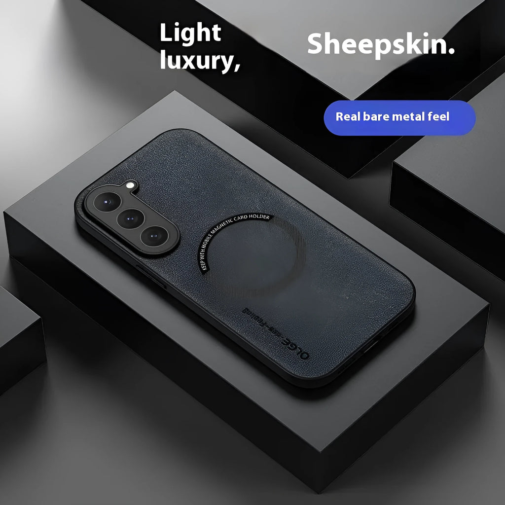 Samsung Galaxy phone case in graphite black with magnetic ring and imitation leather finish