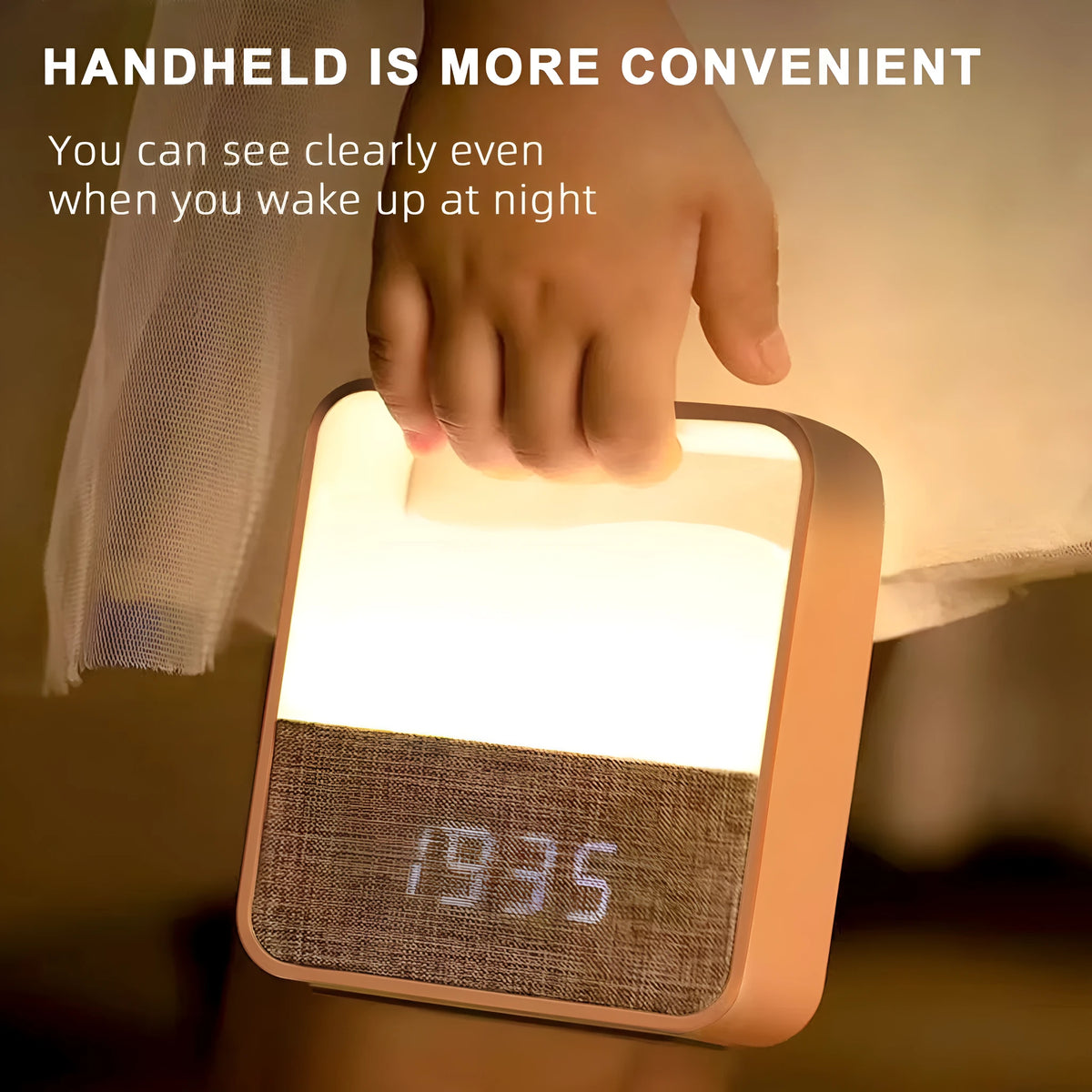 Wood grain remote control night lamp with warm white LED, 109x107x36mm, battery operated