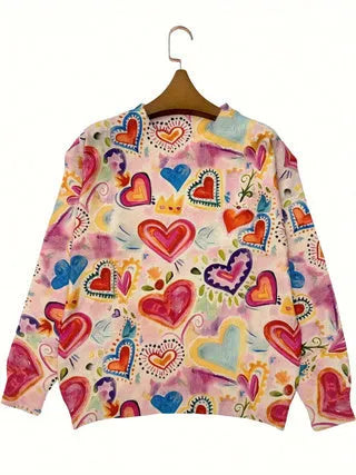Loose fit lapel collar digital print top in polyester fabric shown in multiple sizes