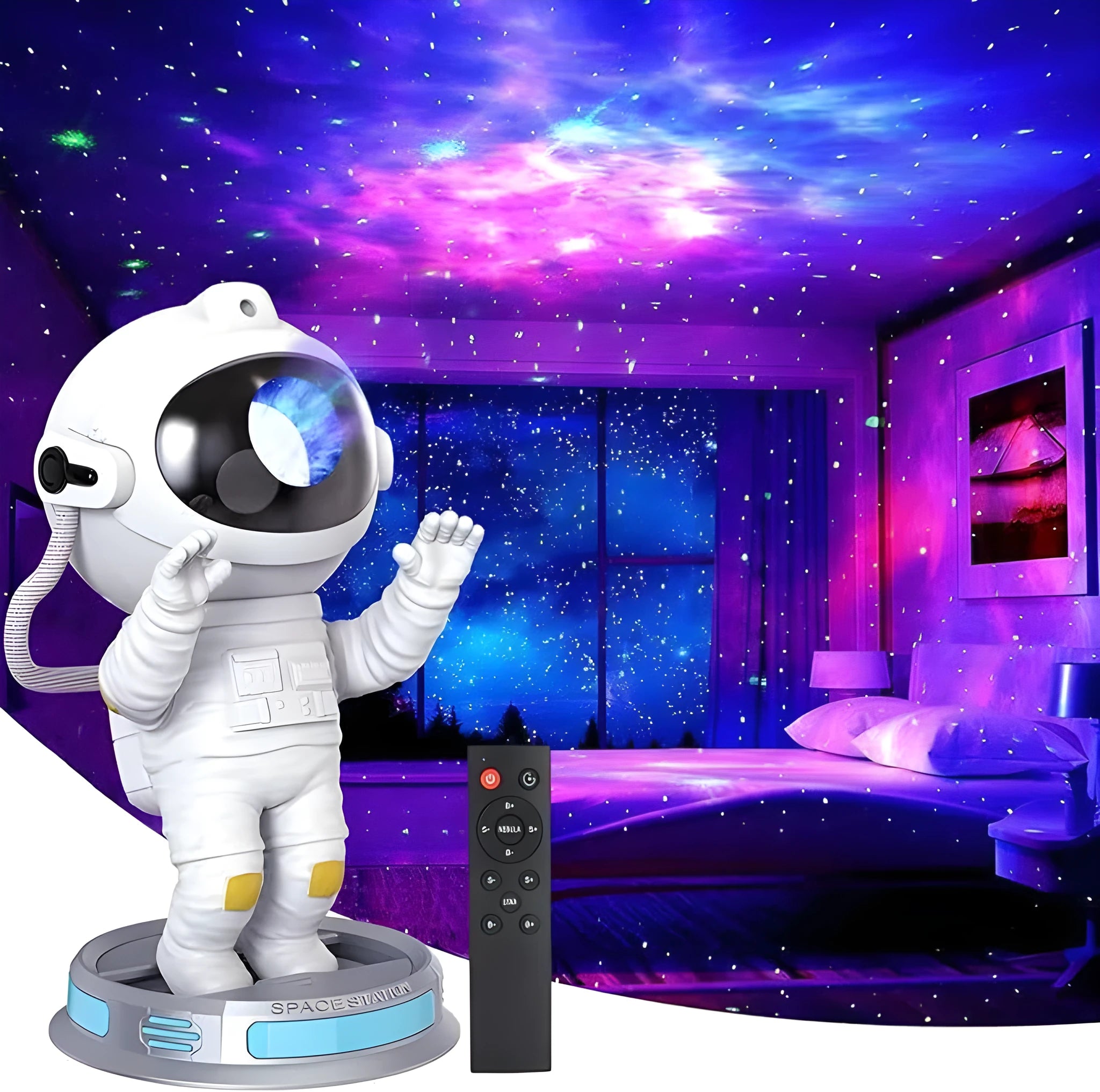 Exit Astronaut Starlight Projection Lamp in white with USB cable and remote control on a table