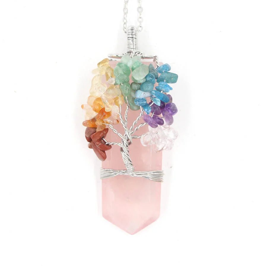 Crystal Column Tree of Life Winding Pendant Necklace in various natural crystal colours