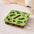 Green brown felt cube cat scratching toy with hollow centre for play.